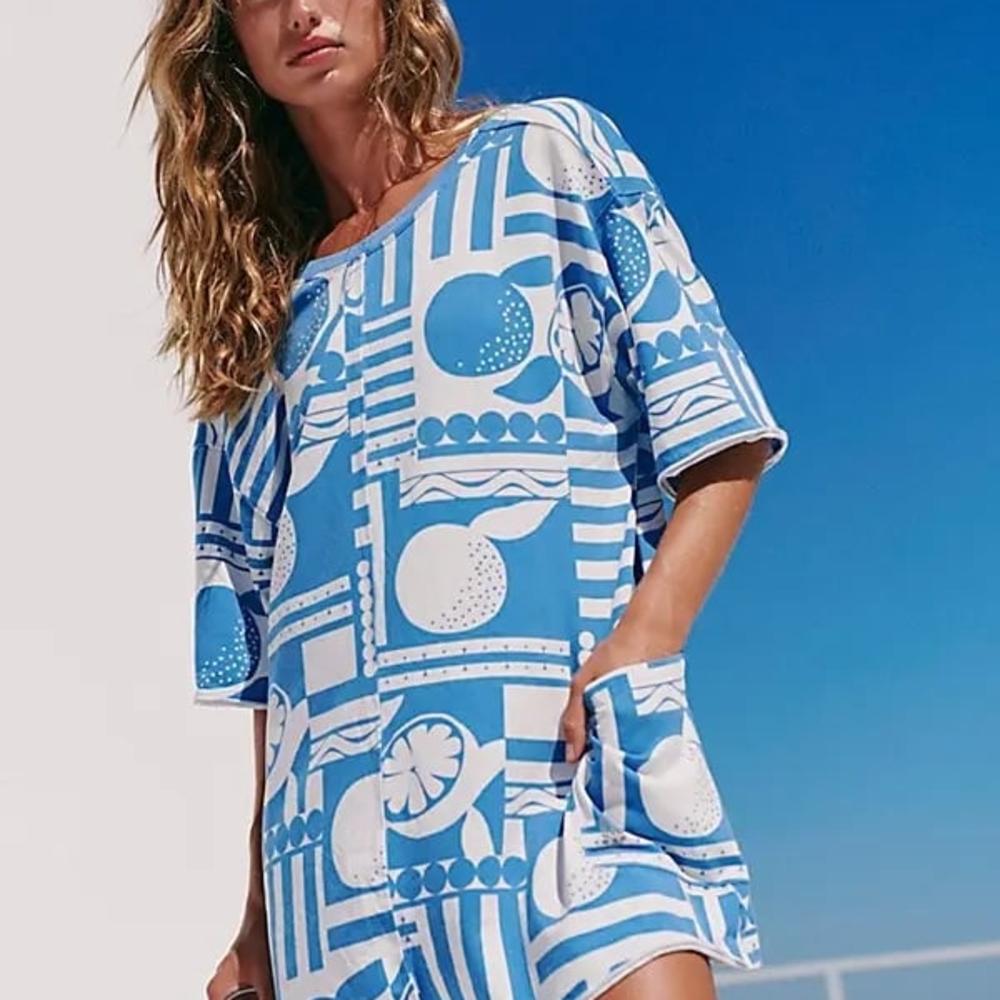 Hot Shot Printed Tee Romper - Sunday Market Blue- Sz L- NWT